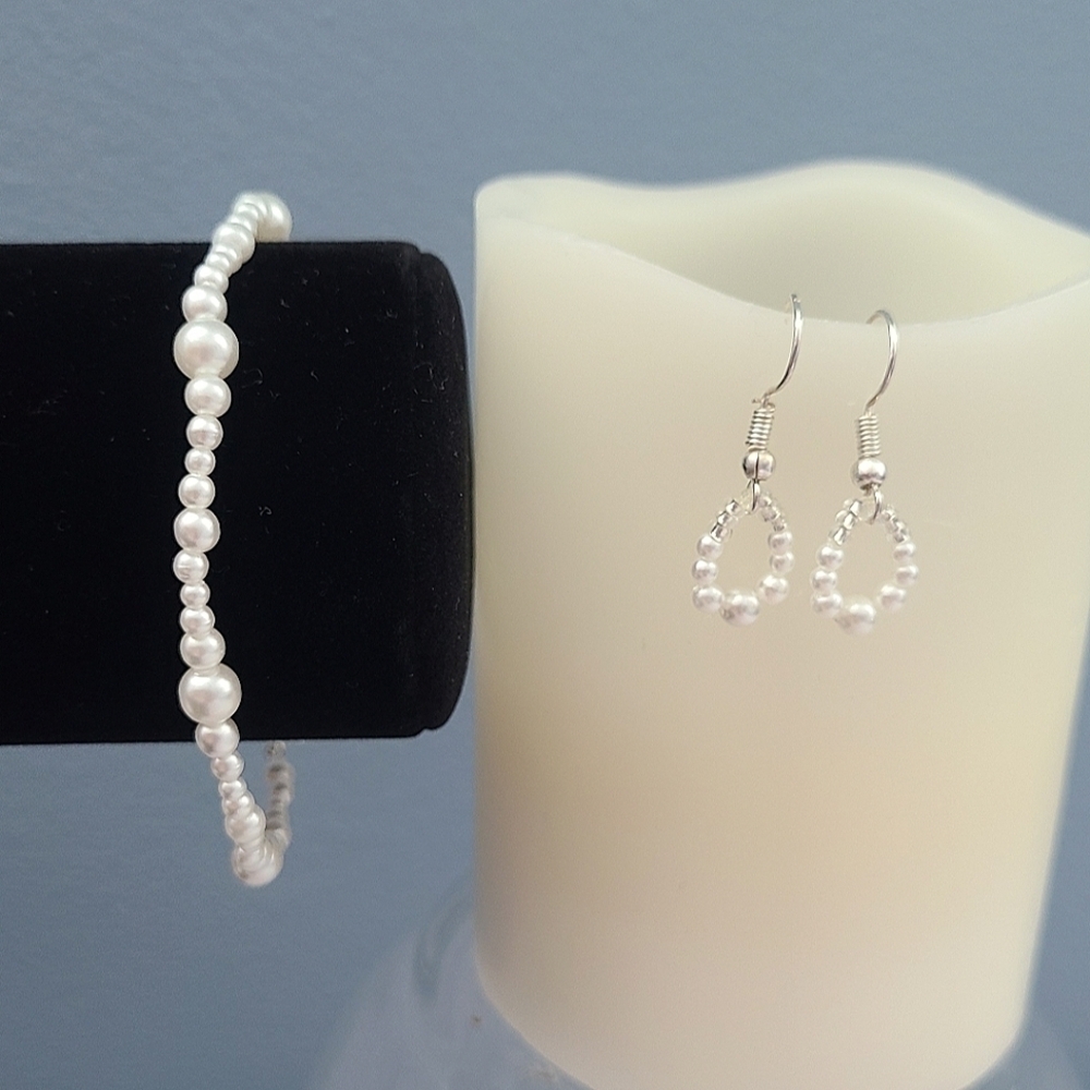 Handmade Silver-Toned White Faux Pearl Bracelet Earrings